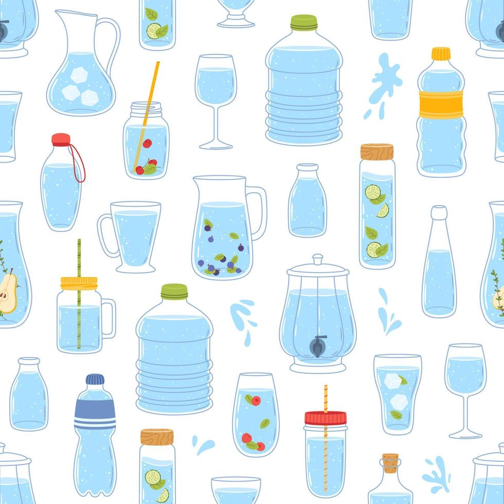 desatado padrão, vidro e plástico água garrafas vetor