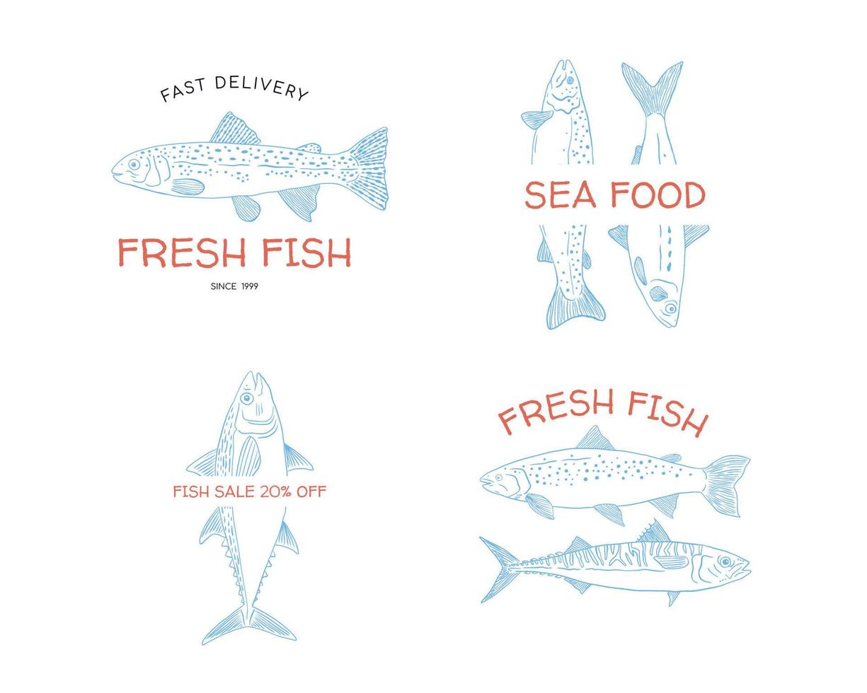 mão desenhado peixe logotipo conjunto dentro esboço estilo. simples vetor isolado ilustração em branco fundo
