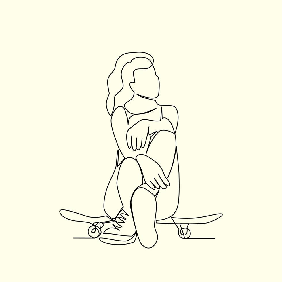 menina com skate desenhado dentro linha arte estilo vetor
