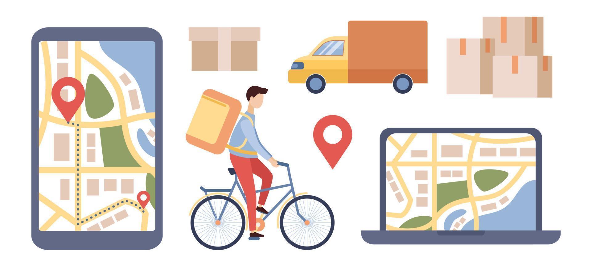 Entrega ícone definir. conectados ordem rastreamento dentro Smartphone aplicativo e rede local em computador portátil. caminhão, caixas e bicicleta correio. vetor plano ilustração