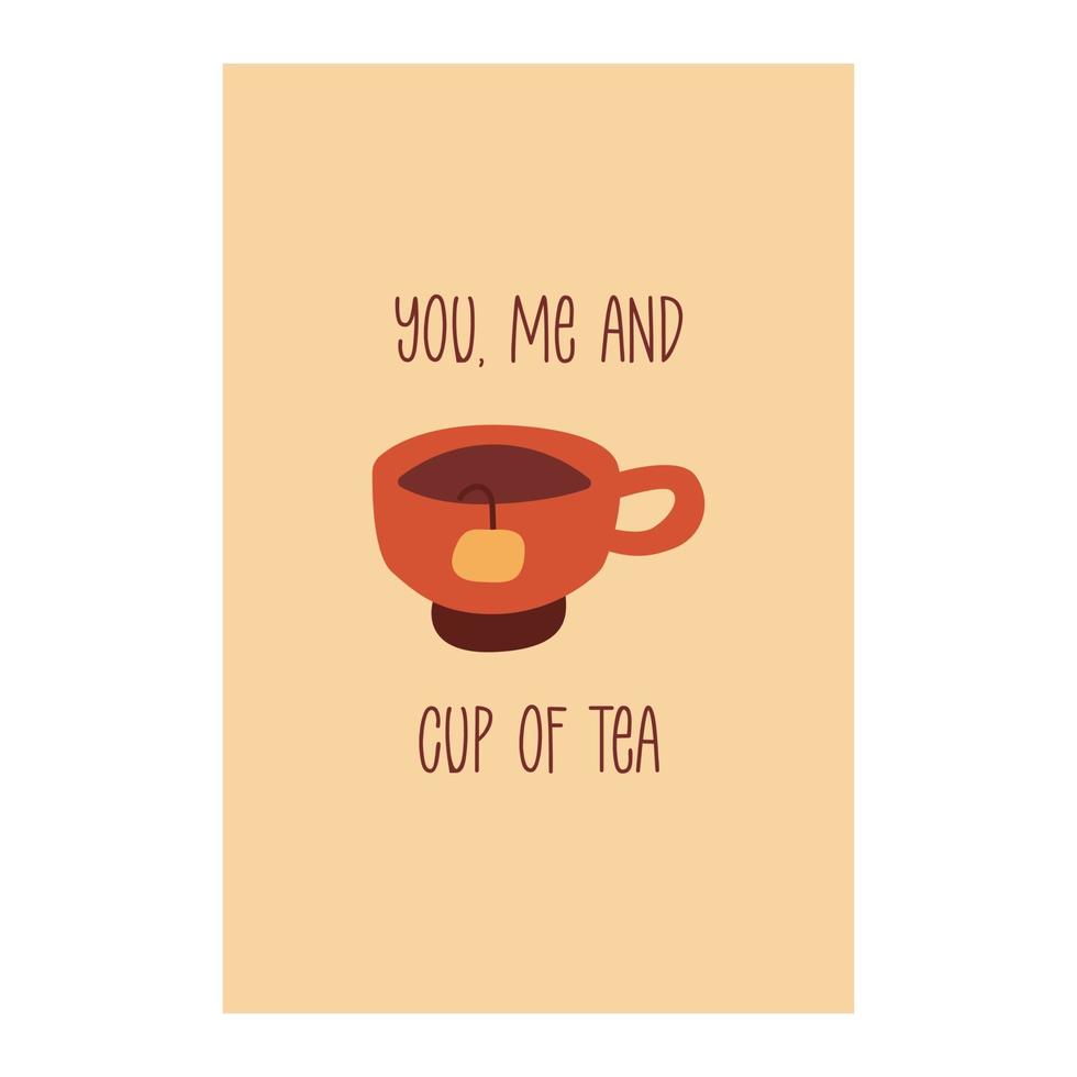 cartão com fofa vermelho copo do chá e inscrição. vetor desenho animado