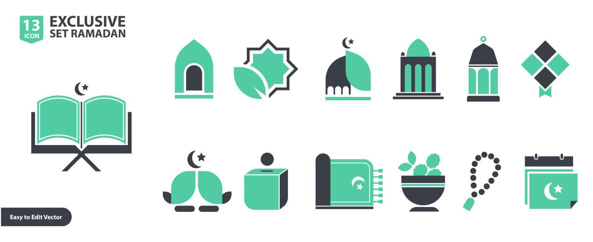 Ramadã árabe islâmico celebração ícone conjunto vetor ilustração plano cor estilo ícone