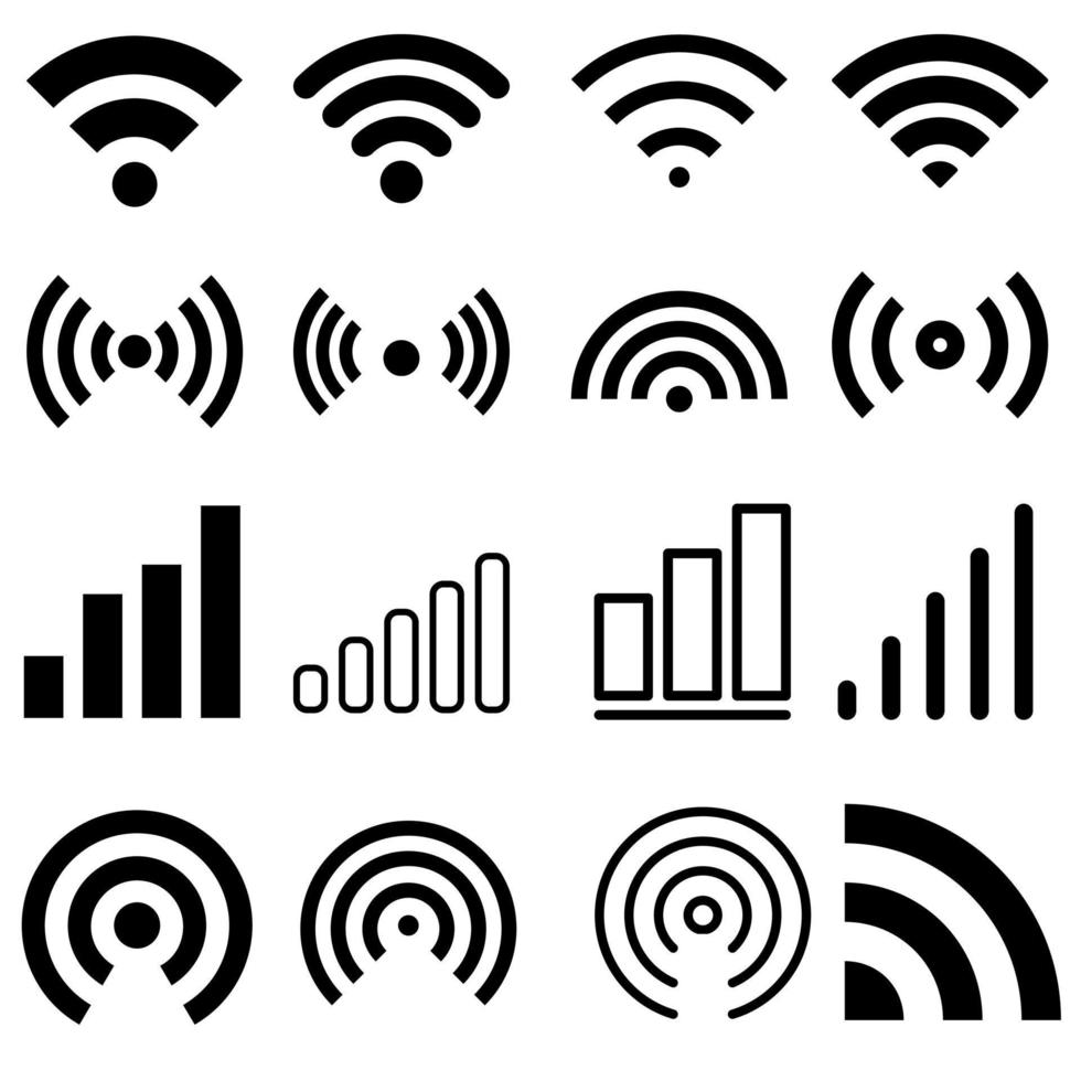 sinal conjunto vetor ícones. rádio sinais ondas e luz raios, radar, Wi-fi, antena e satélite sinal símbolos. sem fio tecnologias. vetor ilustração.