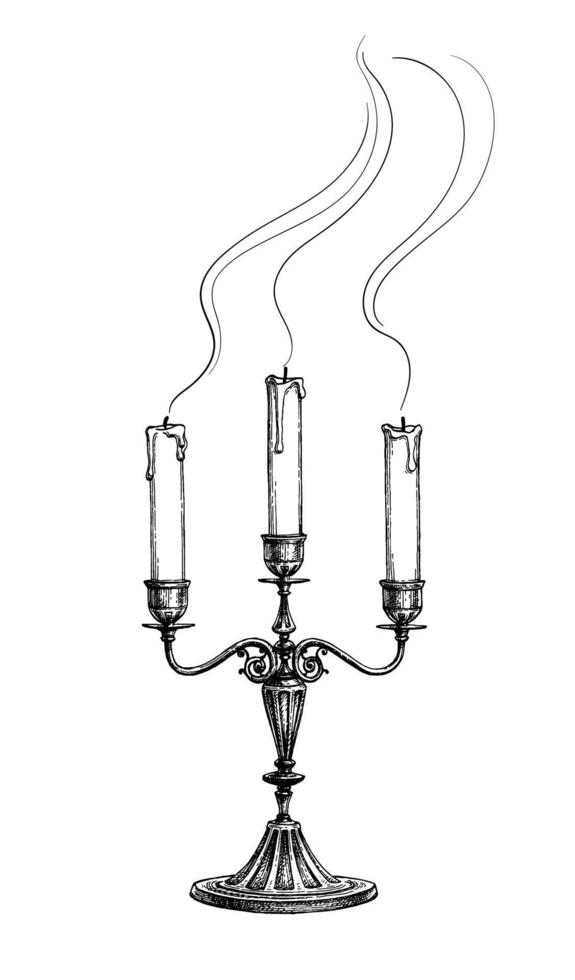 extinto velas dentro candelabro. tinta esboço isolado em branco fundo. mão desenhado vetor ilustração. retro estilo.