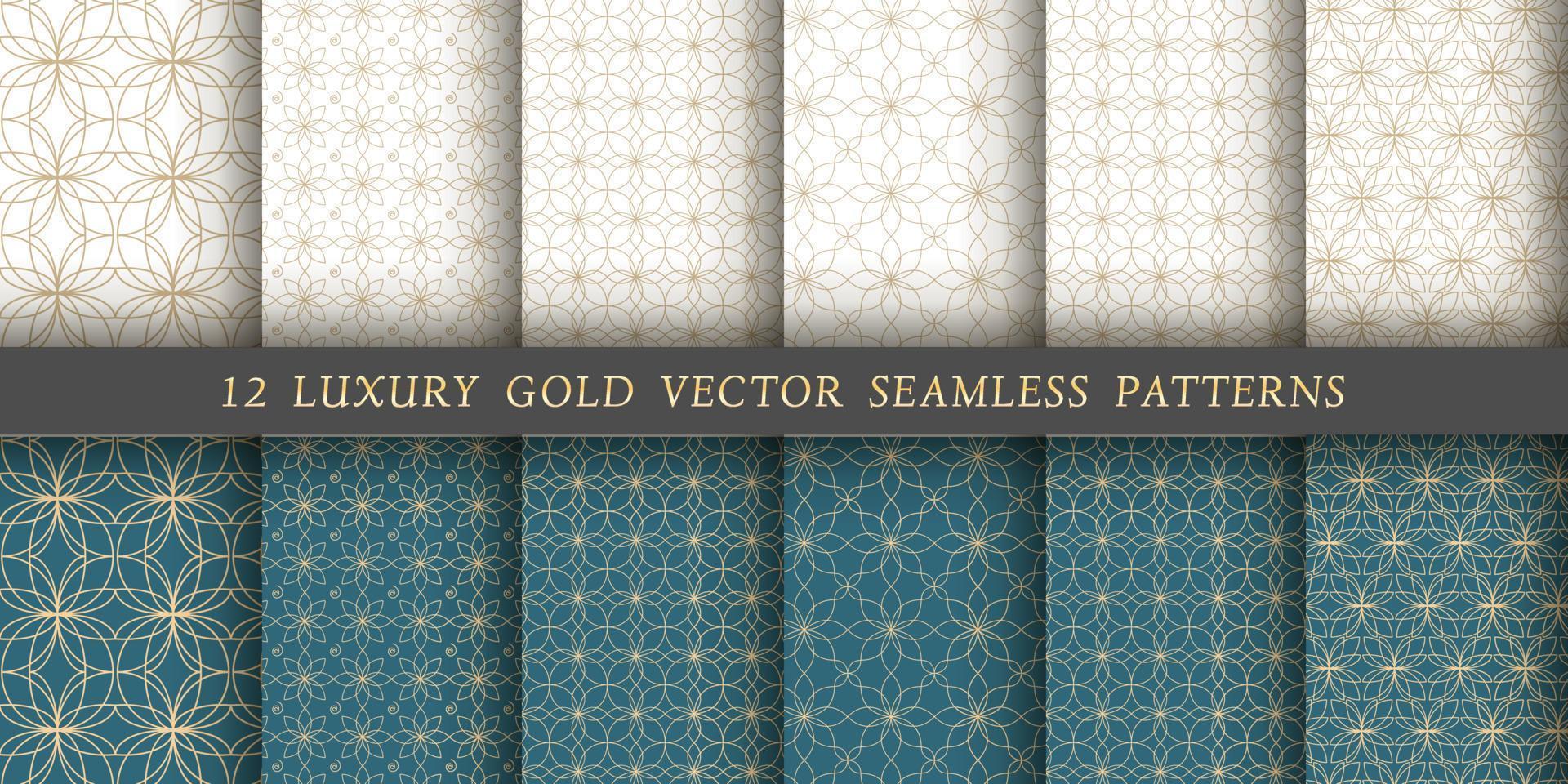 conjunto de 12 padrões sem emenda de vetores. padrões florais de ouro sobre um fundo branco e esmeralda. vetor