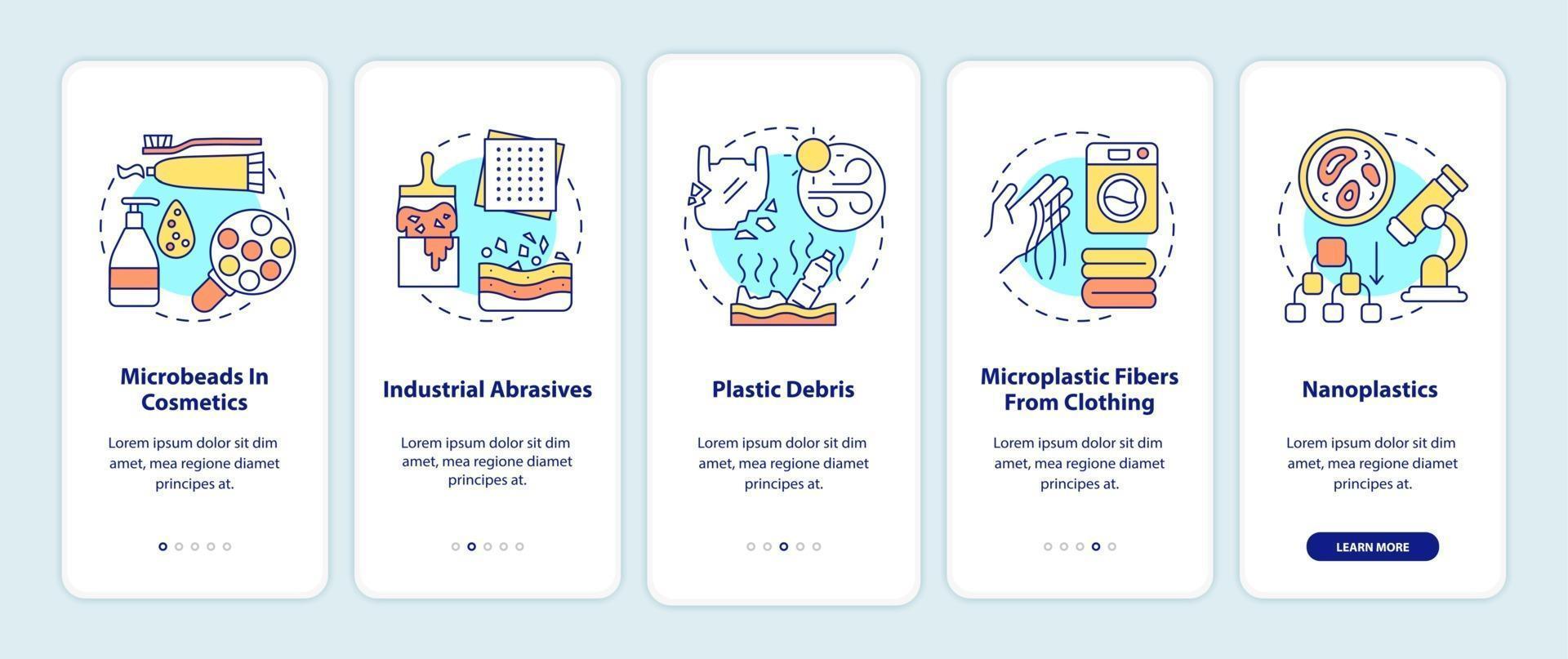 fontes e tipos de microplásticos na tela da página do aplicativo móvel com conceitos vetor
