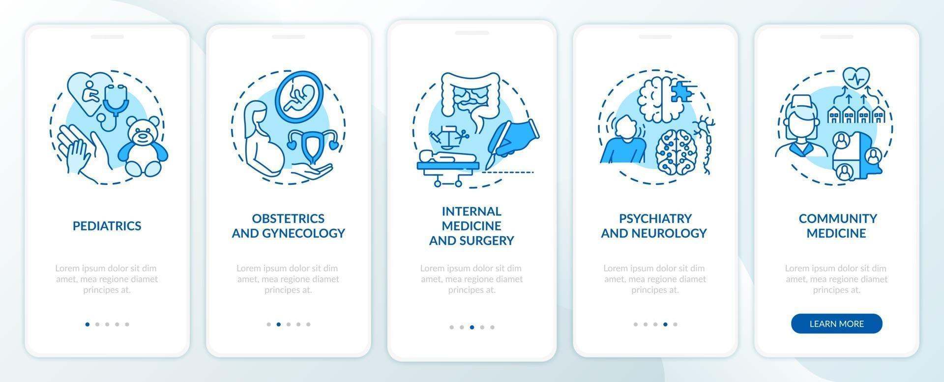 tela azul da página do aplicativo móvel de integração de componentes de medicina familiar com conceitos vetor