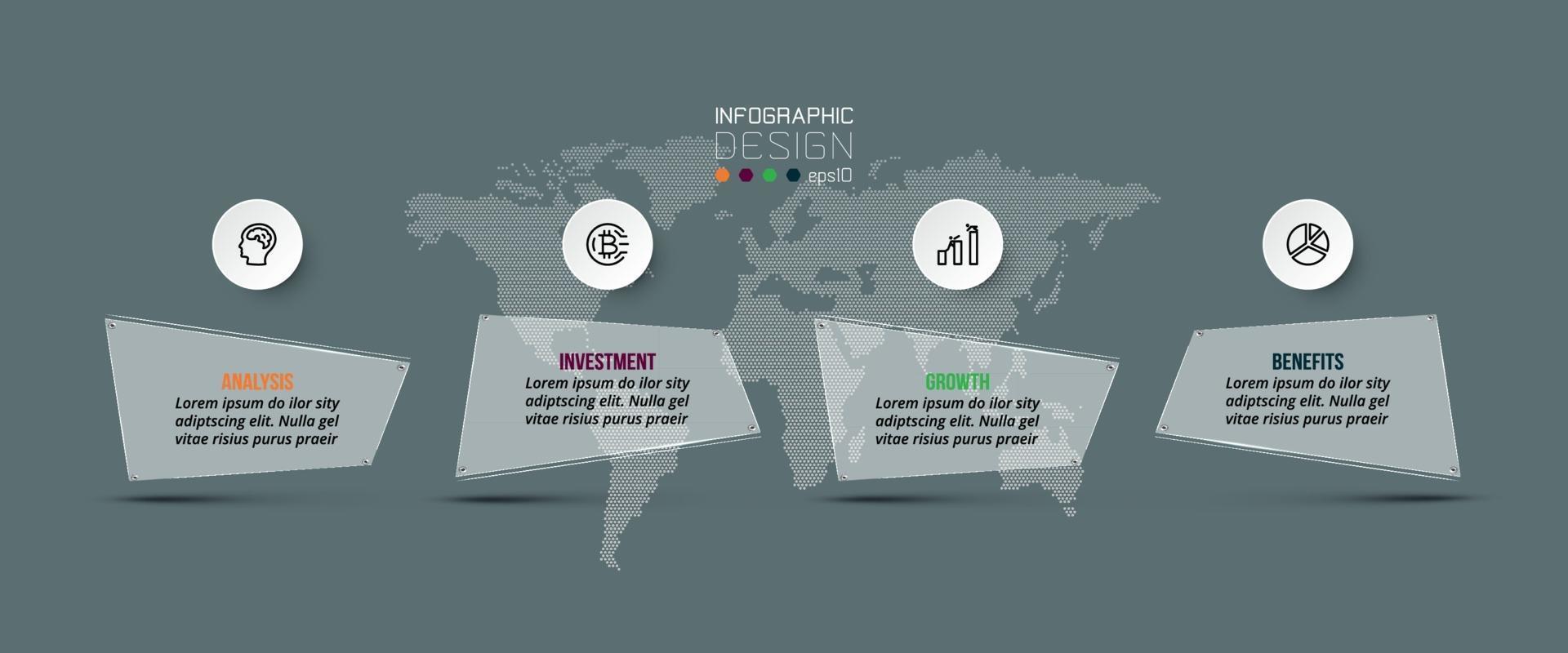 etiquetas quadradas existem etapas para contar o trabalho. descreve um plano, como publicidade e relações públicas. infográfico. vetor