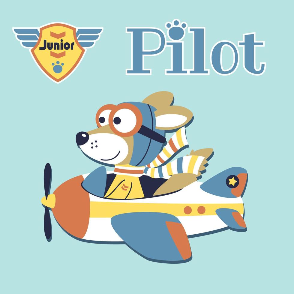 engraçado Lobo piloto em avião com voar logotipo, vetor desenho animado ilustração