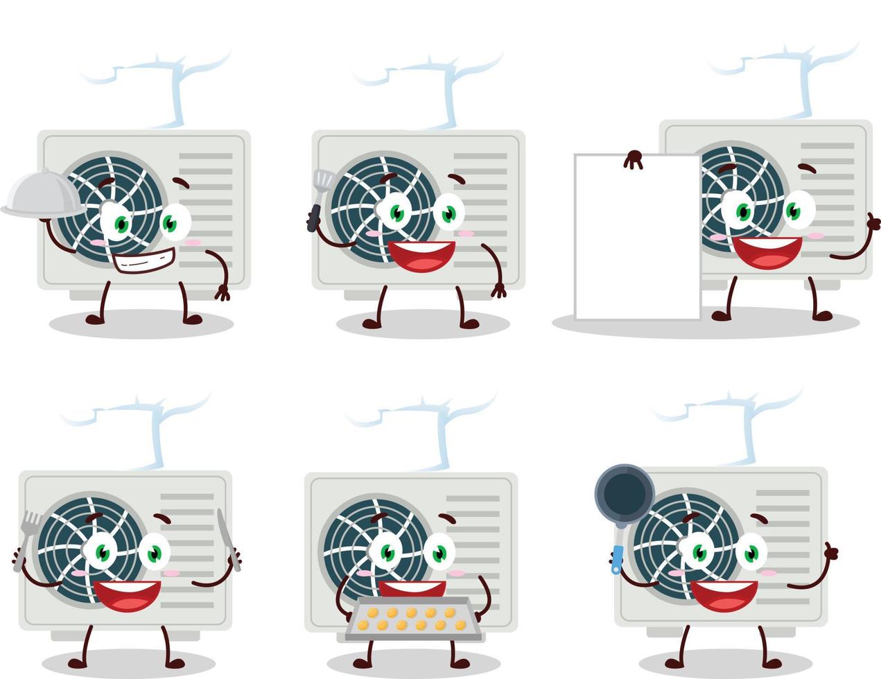 desenho animado personagem do ar condicionador com vários chefe de cozinha emoticons vetor