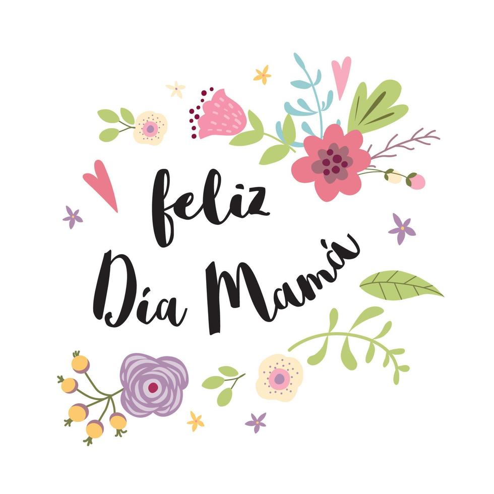 mãe dia cumprimento cartão decorado mão desenhado fofa flores Rosa vermelho floral padronizar fundo. mão desenhado letras título dentro espanhol vetor ilustração bandeira para mães dia.