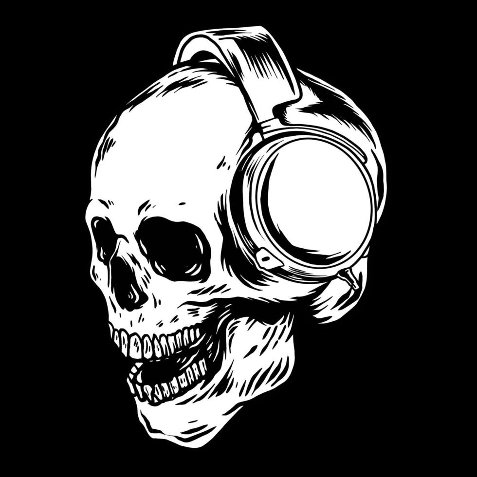 crânio usando fone de ouvido ilustração em preto e branco vetor