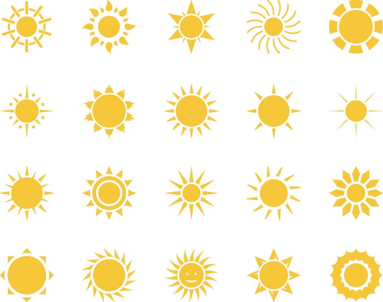 Sol. verão Tempo ícone definir. conjunto do amarelo ícones do a sol, isolado em branco fundo . vetor