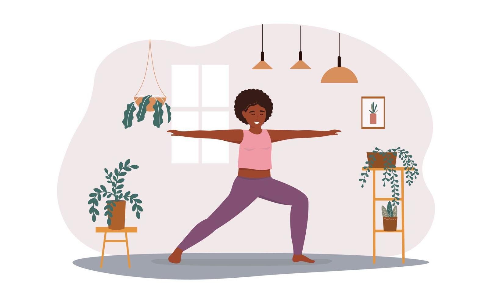 uma afro americano mulher faz ioga às casa dentro uma quarto, mantém equilíbrio. exercícios para meditação, saúde, alongamento. vetor plano gráficos.