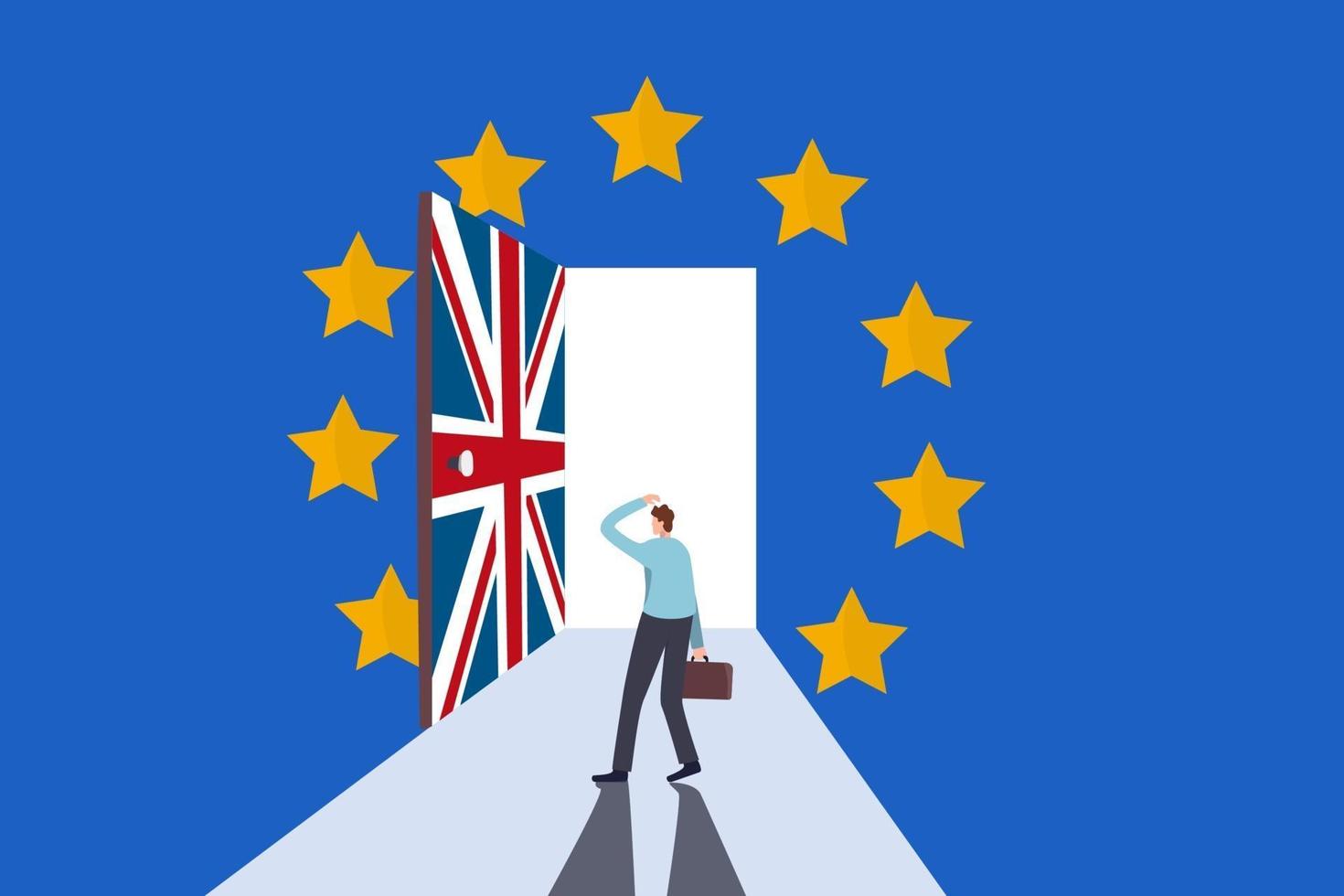 negociação brexit, acordo e decisão, Europa e futuro econômico do Reino Unido após o Reino Unido sair do conceito da zona do euro, empresário frustrado em frente à porta do Union Jack para sair da sala de bandeira do euro. vetor
