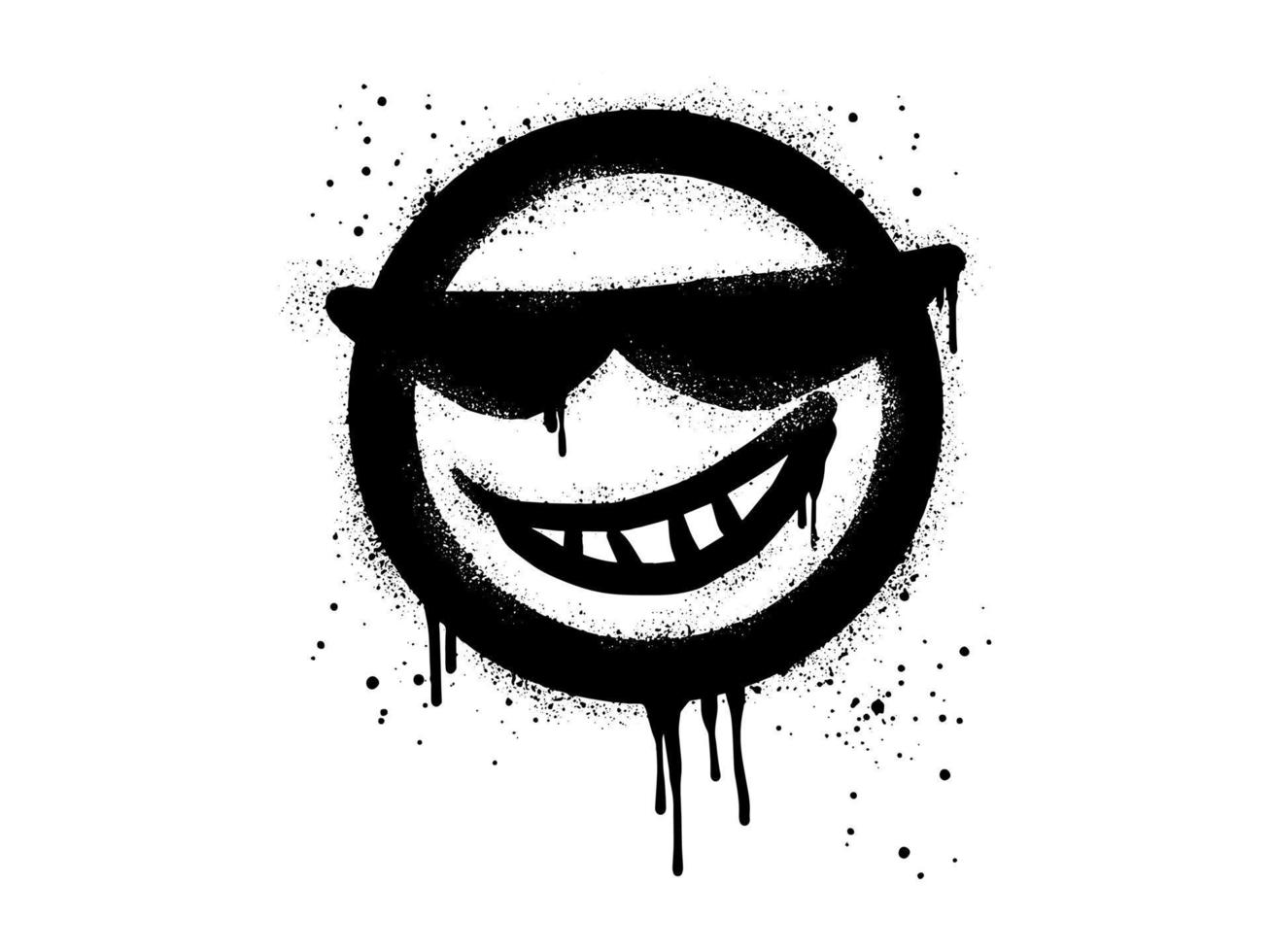 sorridente face emoticon personagem com oculos escuros. spray pintado grafite sorrir face dentro Preto sobre branco. isolado em branco fundo. vetor ilustração