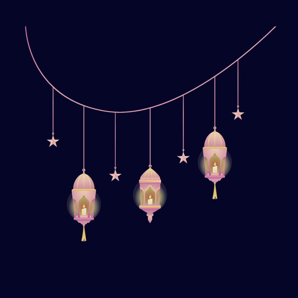 suspensão conjunto lanterna luminária com vela luz e suspensão estrelas dentro Rosa gradiente gráfico elemento para Ramadã festival decoração Projeto ou bandeira vetor