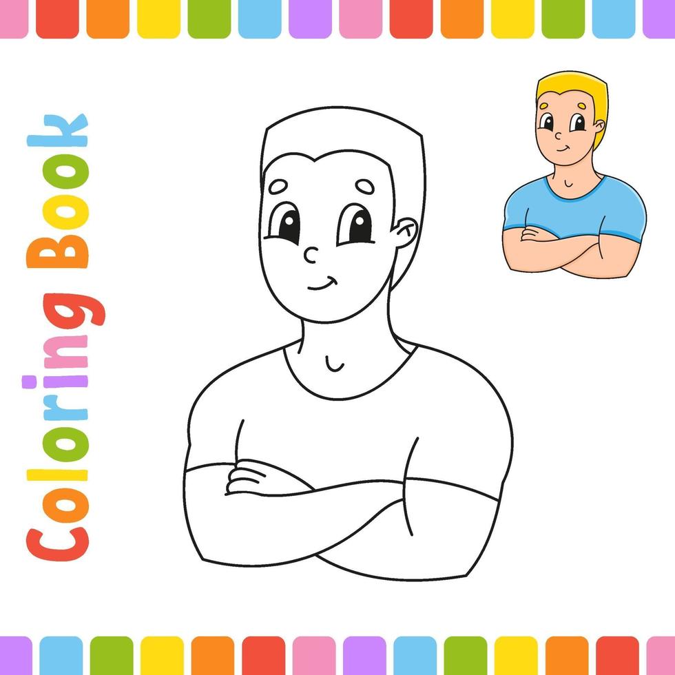 livro de colorir para crianças com um homem. personagem alegre. ilustração vetorial. estilo bonito dos desenhos animados. página de fantasia para crianças. silhueta de contorno preto. isolado no fundo branco. vetor