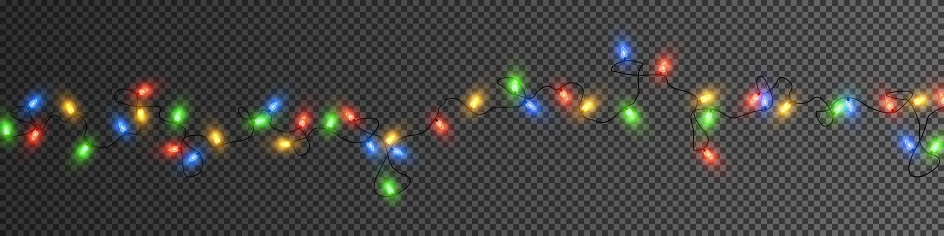 Natal luzes. colorida Natal guirlandas. vetor vermelho, amarelo, azul e verde brilho luz lâmpadas em fios isolado.