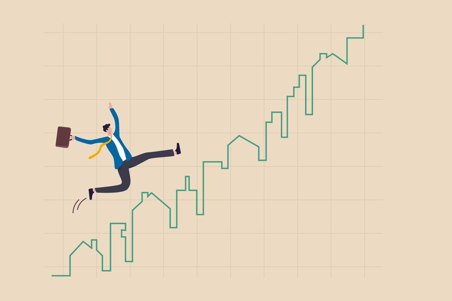 preço do mercado imobiliário subindo gráfico, homebuyer ou conceito de investimento de propriedade, empresário homebuyer ou agente imobiliário feliz correndo em subir a casa e construir gráfico e gráfico verdes. vetor