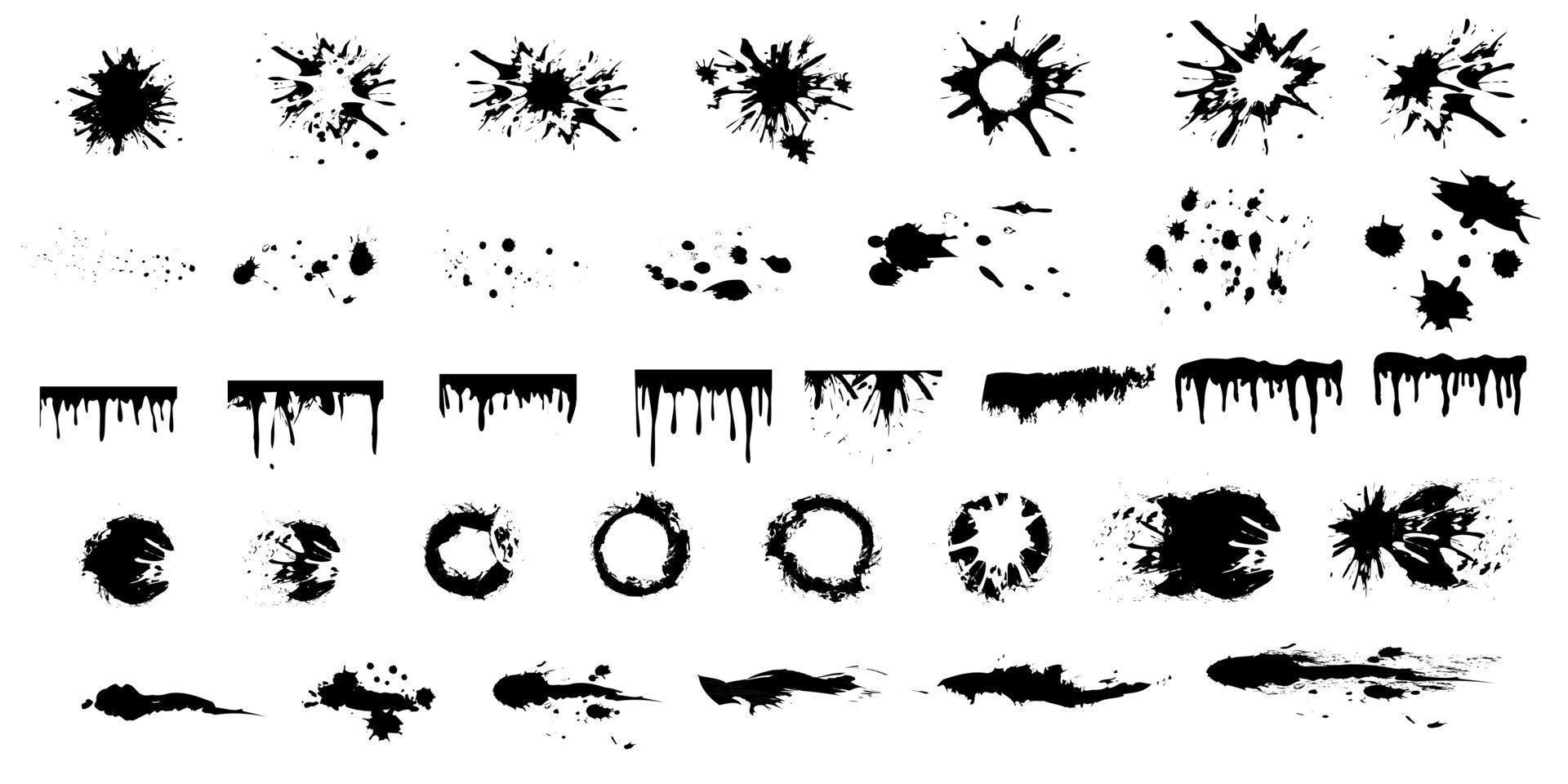 uma ampla conjunto do Preto tinta, tinta manchas, manchas, manchas, escovas, linhas, duro. Preto escova golpes, elementos do artístico Projeto. vetor ilustração. isolado em branco fundo.