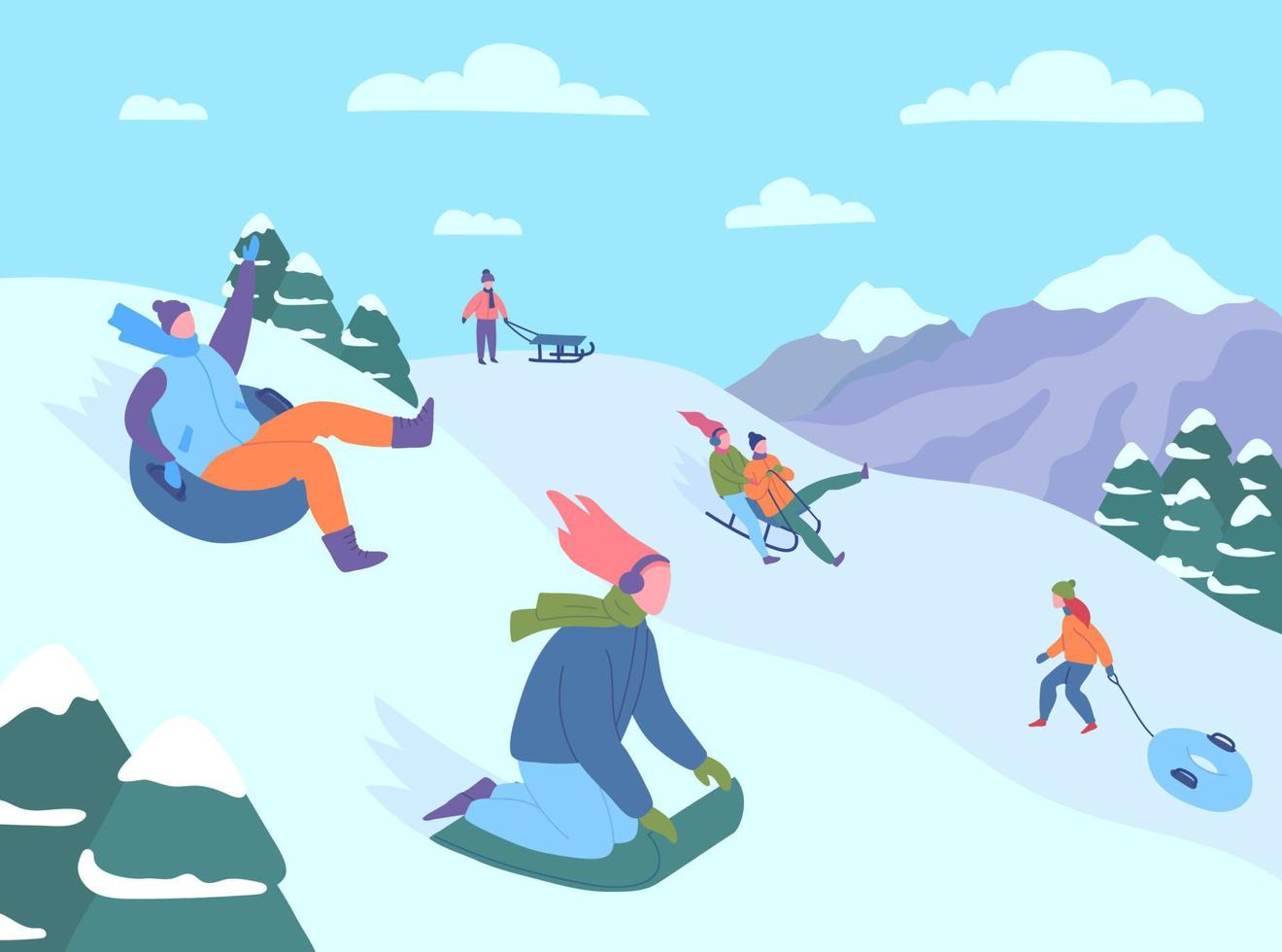 desenho animado cor personagens pessoas equitação trenó deslizar dentro montanha recorrer. vetor