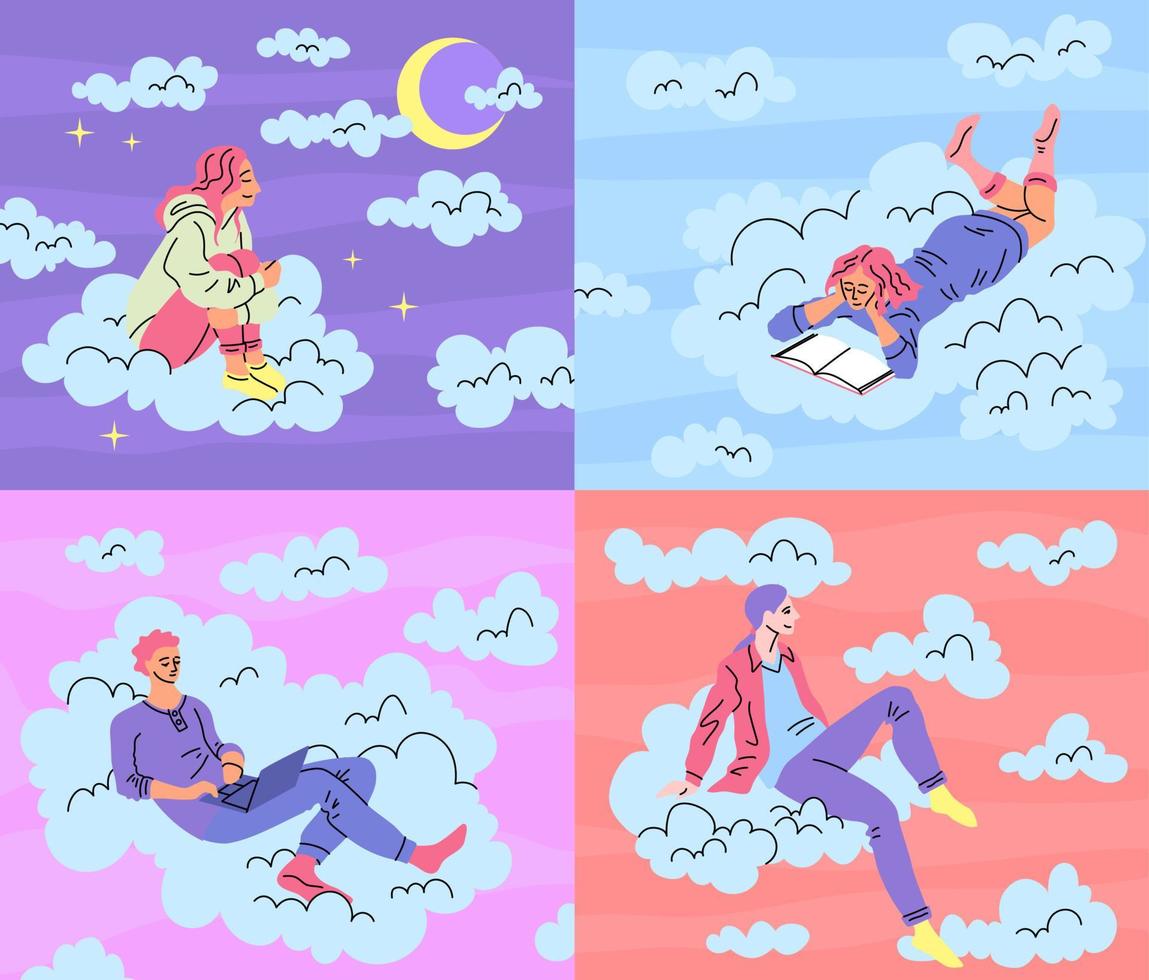 desenho animado cor personagens pessoas sentado em nuvens definir. vetor