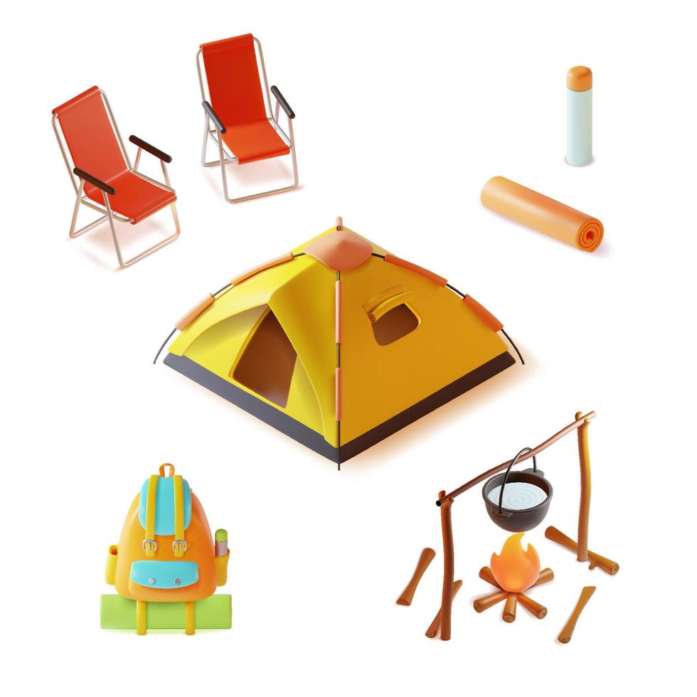 3d ir acampamento conceito elementos plasticina desenho animado estilo incluir do acampamento marquise, dobrando acampamento cadeira definir, Panela sobre fogueira e mochila. vetor ilustração