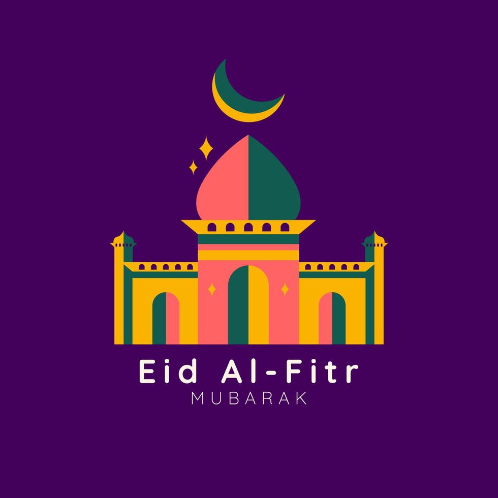 eid al-fitr. cumprimento cartão com vintage estilo colorida mesquita em roxa fundo vetor