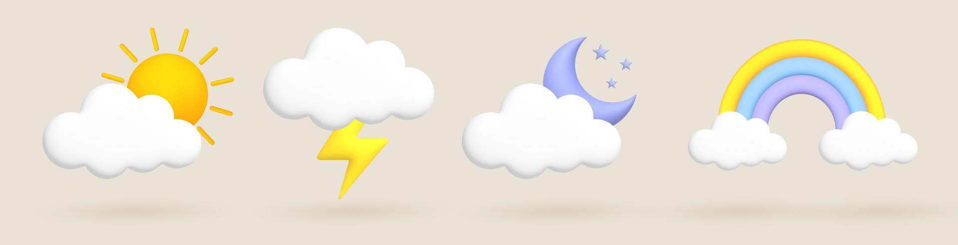 3d desenho animado clima ícones definir. sol, lua, estrelas, raio, nuvens, arco-íris. vetor