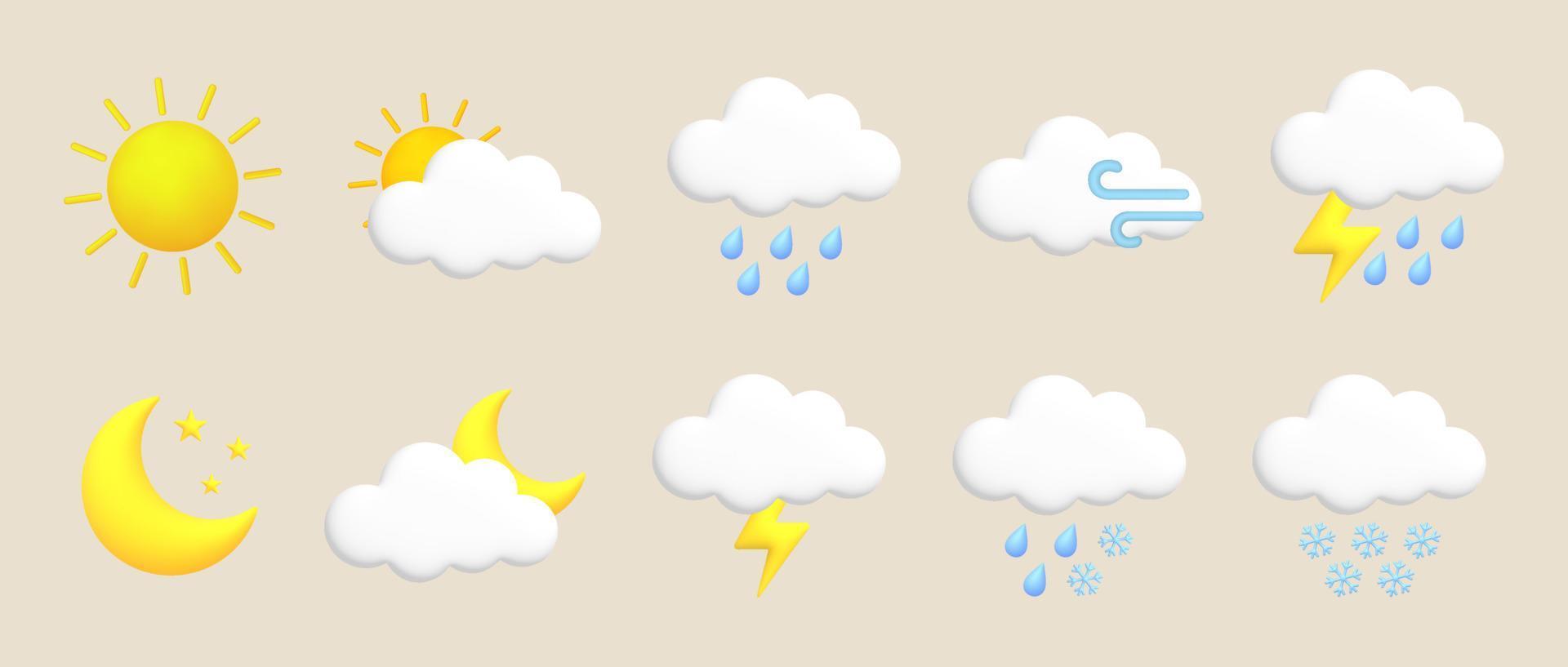 sol, lua, estrela, raio, nuvem, chuva, neve, vento, trovoada. fofa 3d desenho animado clima ícones definir. vetor