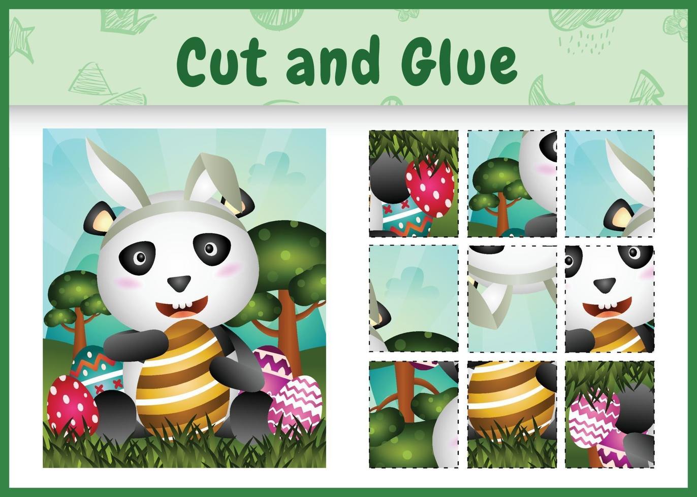 jogo de tabuleiro infantil recortar e colar temático da Páscoa com um panda fofo usando tiaras com orelhas de coelho abraçando ovos vetor
