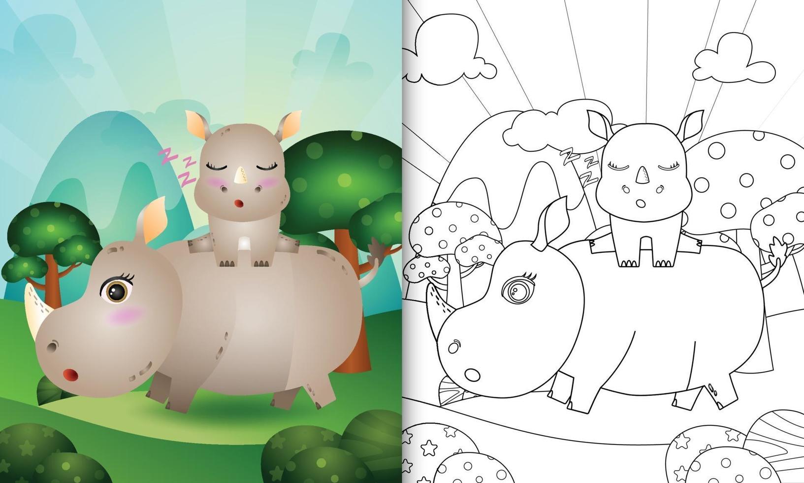 livro de colorir para crianças com uma ilustração de um rinoceronte fofo vetor