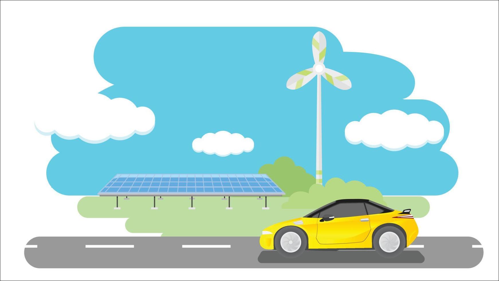 vetor ou ilustrador do conceito elétrico carro. ev esporte carro amarelo cor dirigir em asfalto estrada. com fundo do solar painéis e vento turbinas em Prado. e azul céu com branco nuvens.