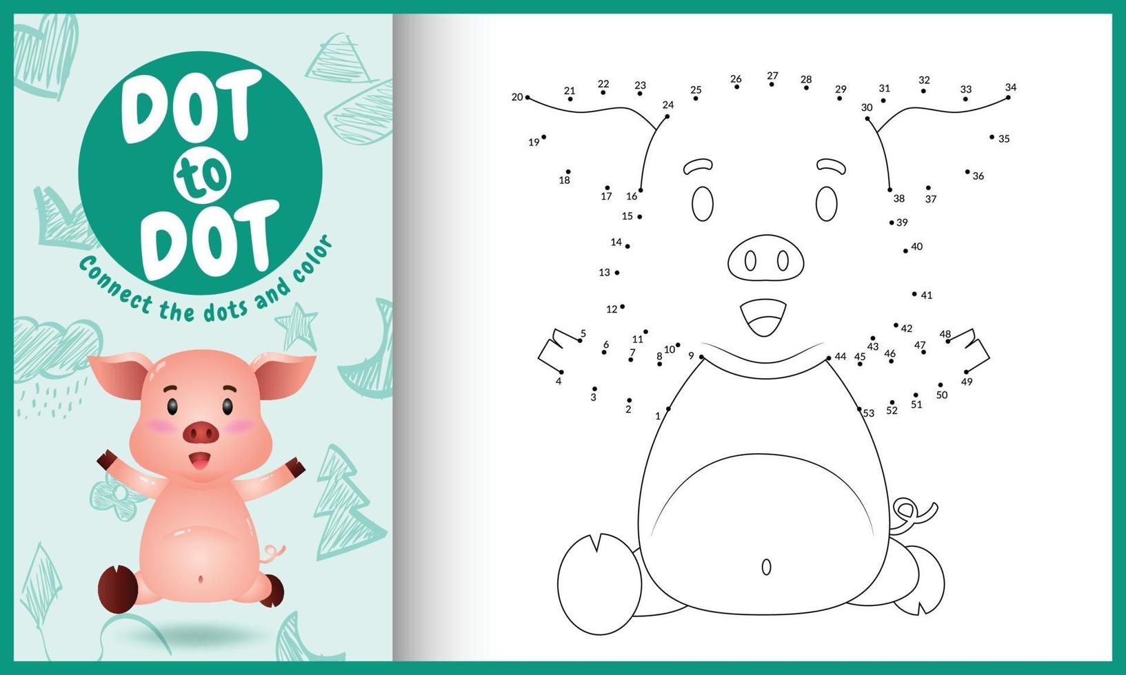 conecte o jogo de pontos para crianças e a página para colorir com uma ilustração de personagem fofa de porco vetor