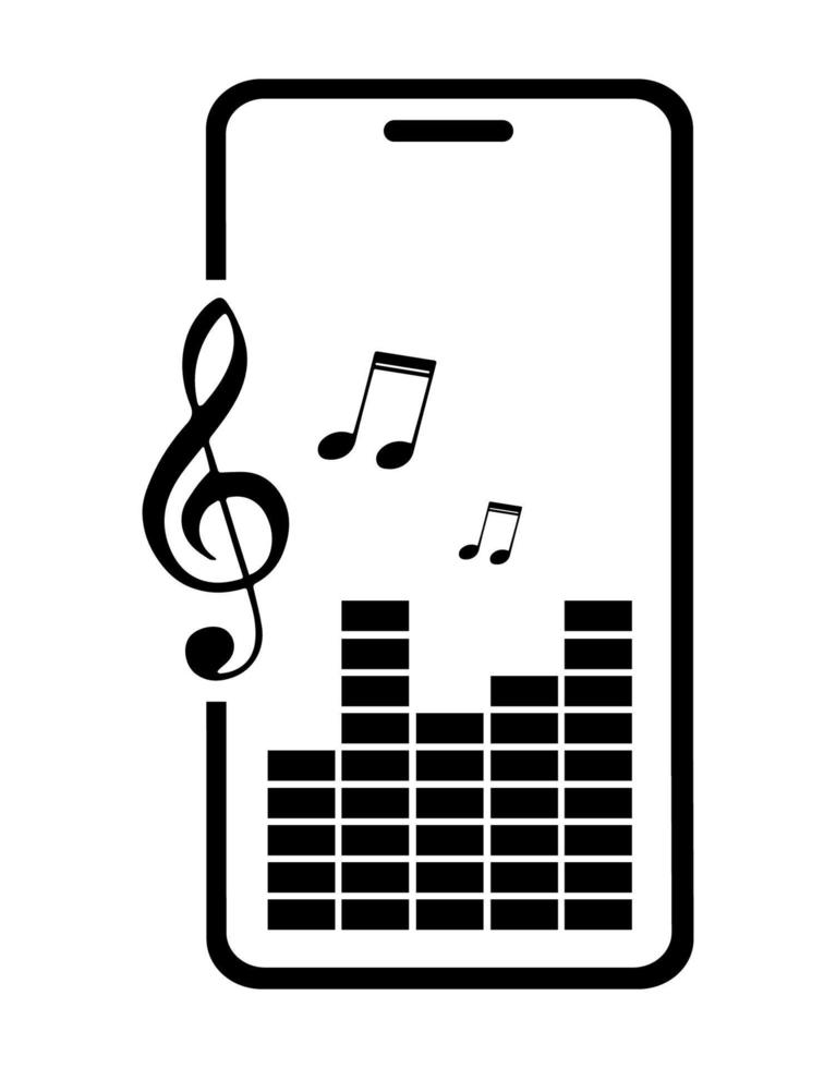ícone. Smartphone com equalizador escala, som volume e musical notas símbolos em tela. ouvindo para audio em Móvel dispositivo. vetor