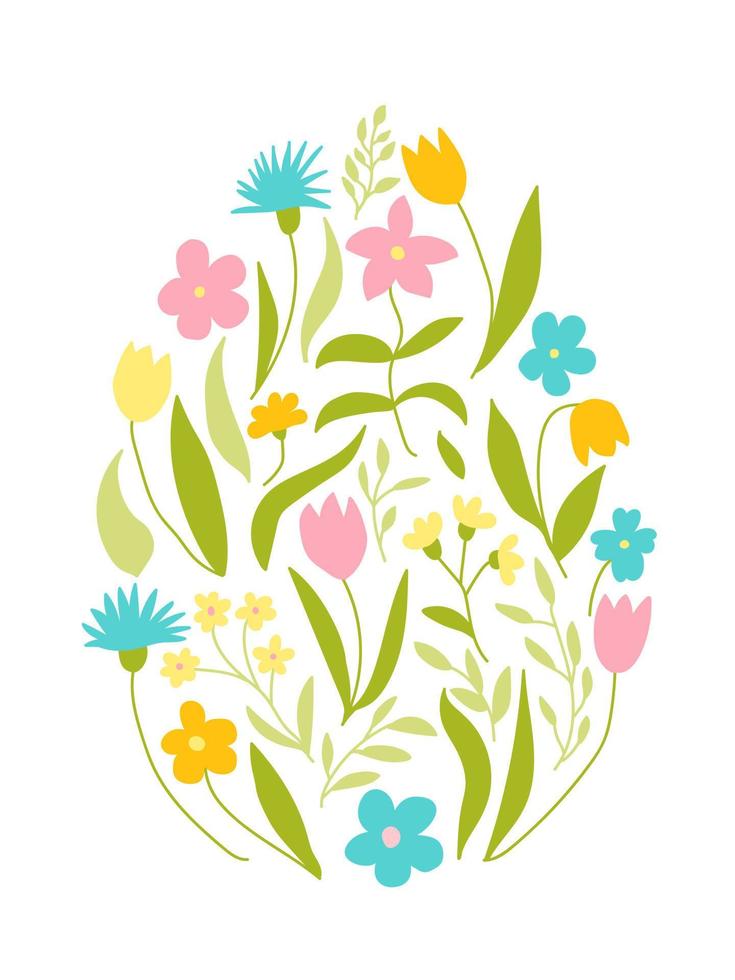 Primavera flores dentro ovo forma. tulipas, centáureas, campânulas, margaridas. Páscoa feriado decoração. mão desenhado botânico ilustração isolado em branco fundo. vetor