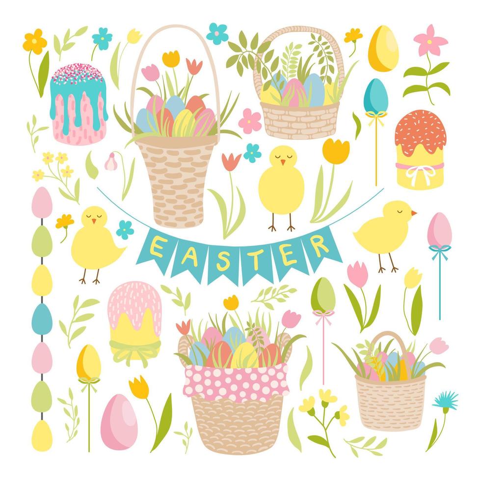 Páscoa vetor grampo arte definir. feliz Páscoa. diferente tipos do vetor elemento para abril feriado decoração. bebê galinhas, vime piquenique cesta, colori ovos, guirlandas, bolo, tulipas, flores, folhas.