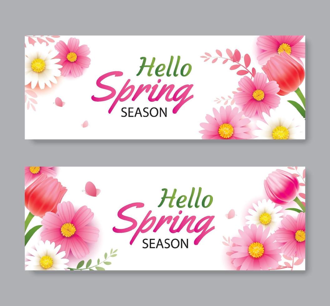 Olá primavera cartão e convite com modelo de plano de fundo de flores desabrochando. design para capa, panfletos, cartazes, brochura, banner. vetor
