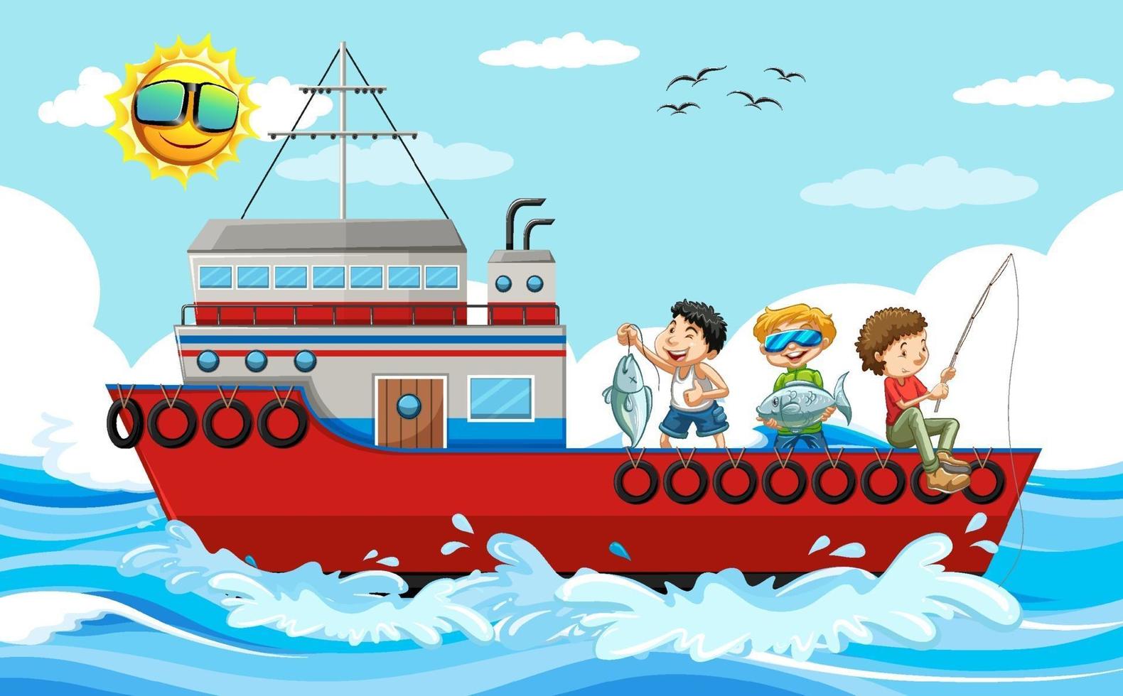 cena do mar com crianças pescando em um navio vetor