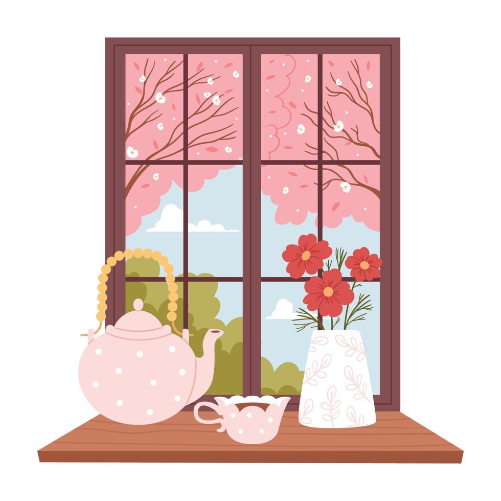 Primavera lado de fora a janela. uma □ Gentil ainda vida com uma copo do uma chaleira e uma vaso em a peitoril da janela. a plano ilustração é desenhado à mão. vetor