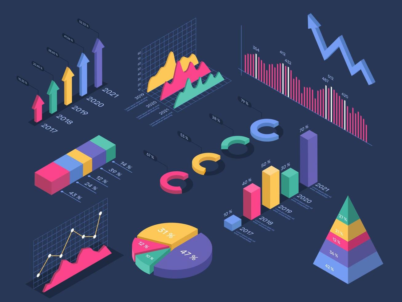 isométrico infográficos. torta gráfico, círculo gráfico, histograma, pirâmide diagrama, crescimento progresso bar. 3d infográfico gráficos para apresentação vetor conjunto