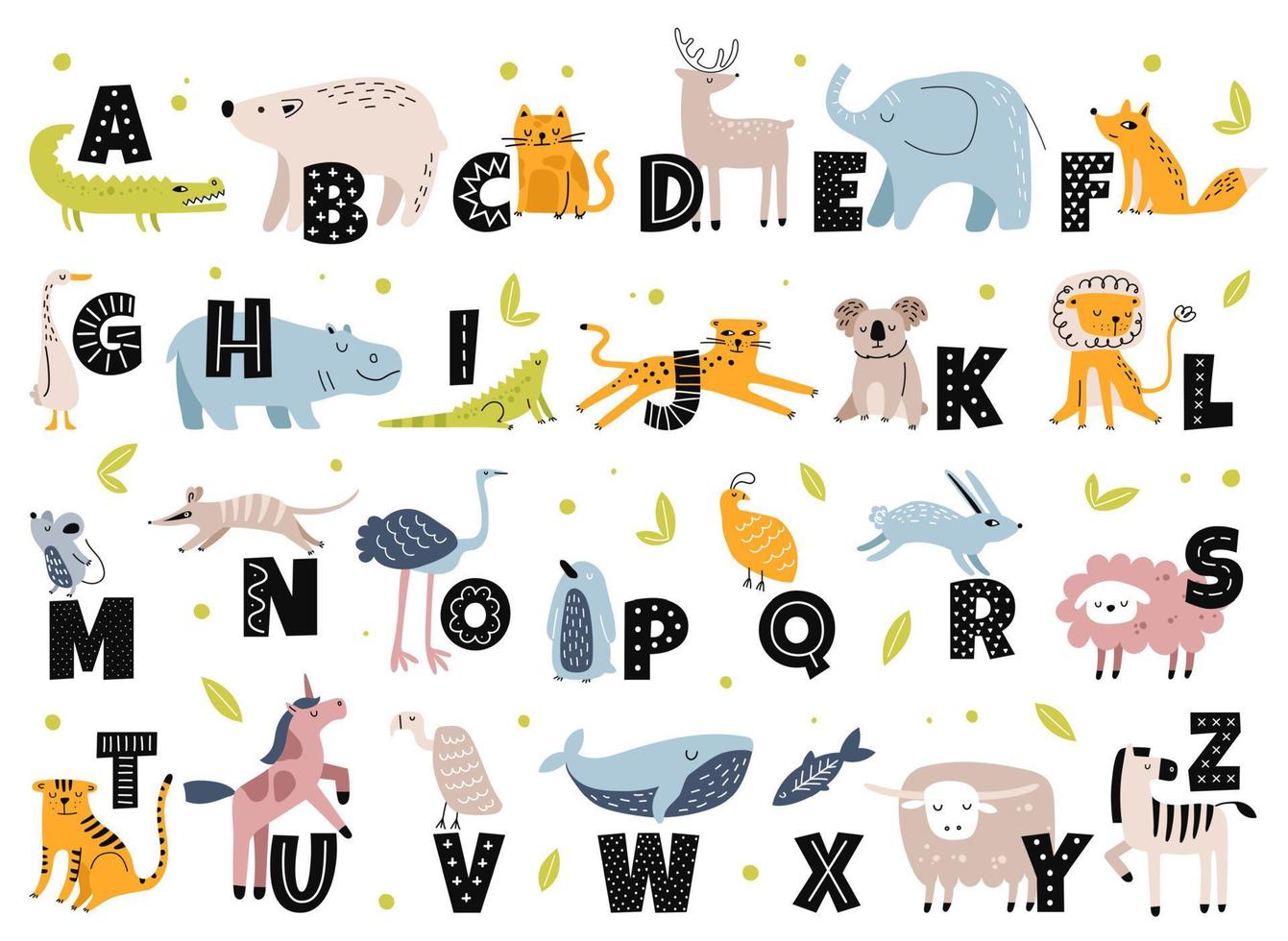 animal alfabeto dentro escandinavo estilo. fofa elefante, Raposa, urso, unicórnio. mão desenhado desenho animado animais com cartas para crianças Educação vetor conjunto