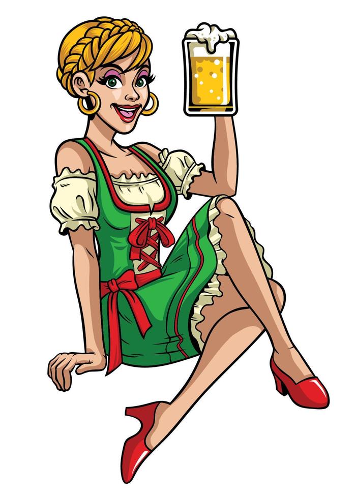 feliz menina do oktoberfest vestindo drindl e apresentando a Cerveja vetor