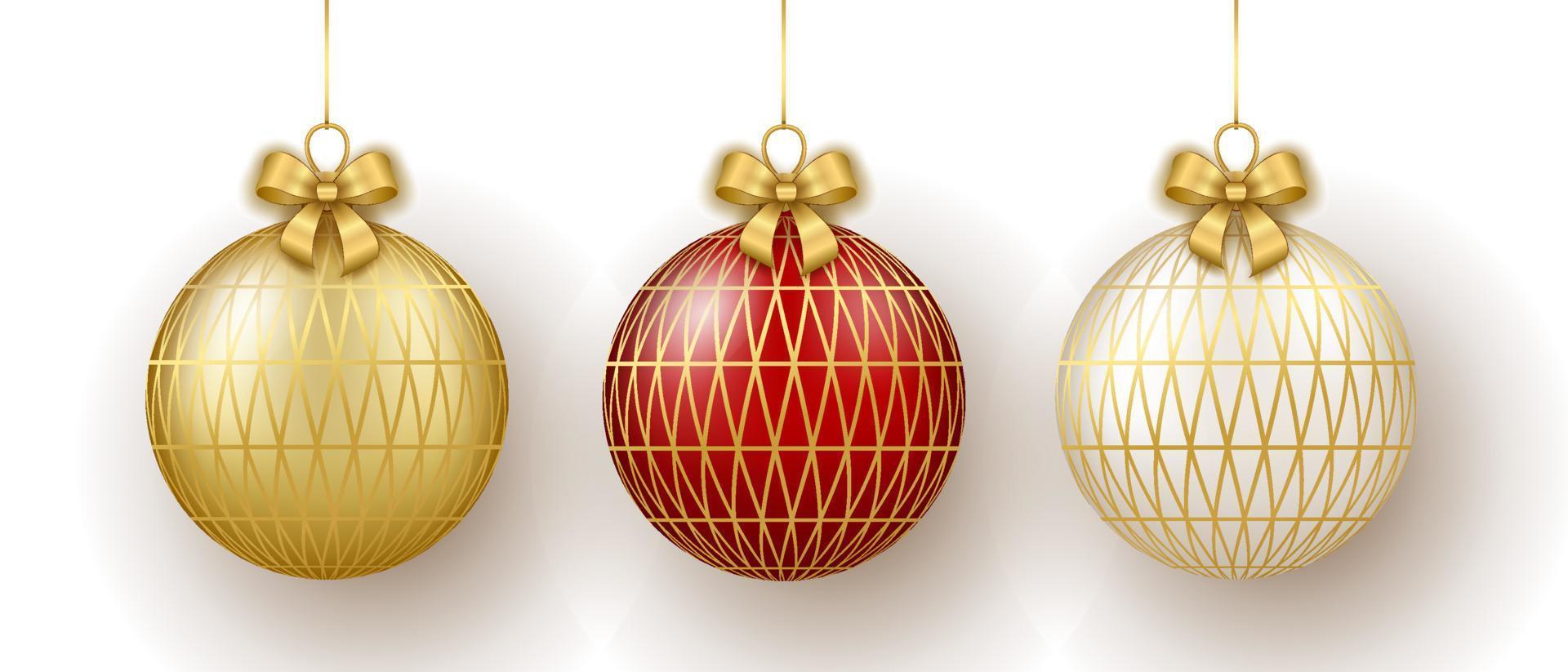 Natal e Novo ano decoração. conjunto do ouro, branco e vermelho vidro enfeite bolas em fita com arco. vetor