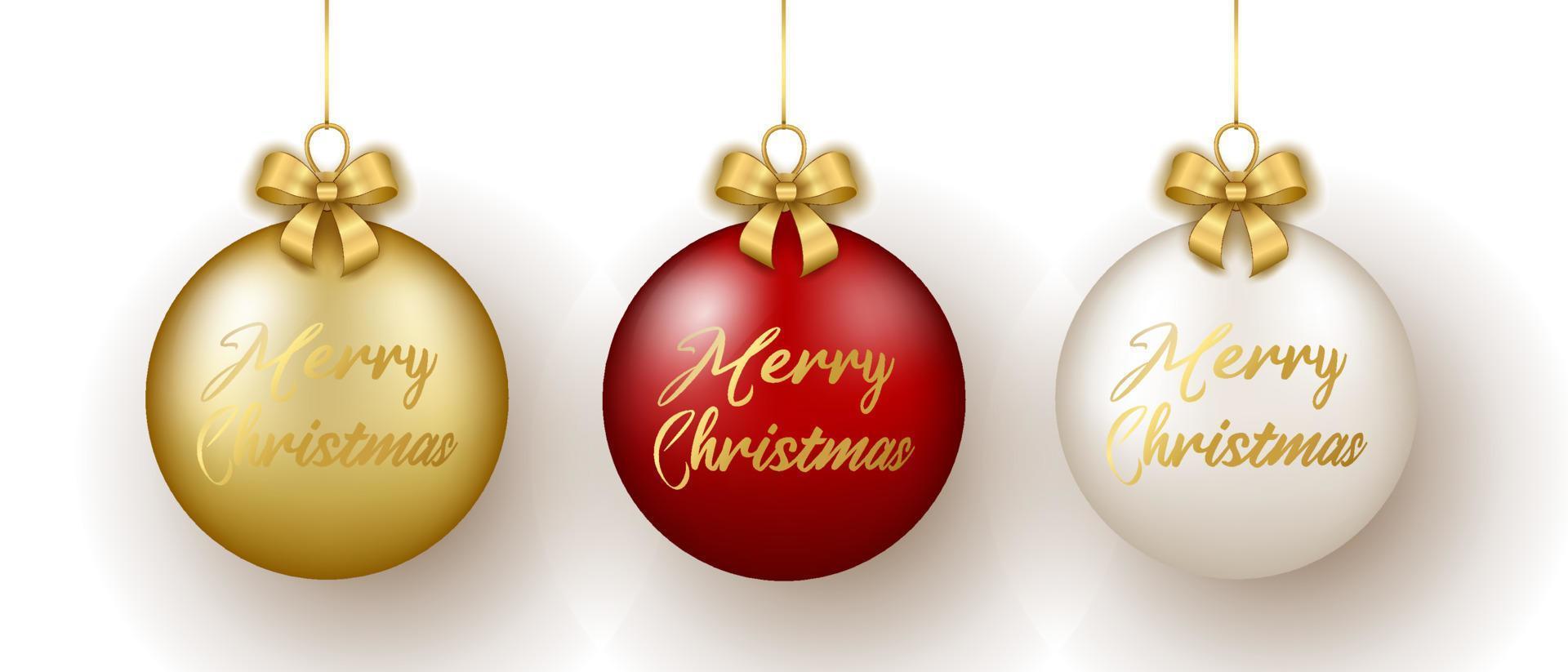 Natal e Novo ano decoração. conjunto do ouro, branco e vermelho vidro bolas em fita com arco. vetor