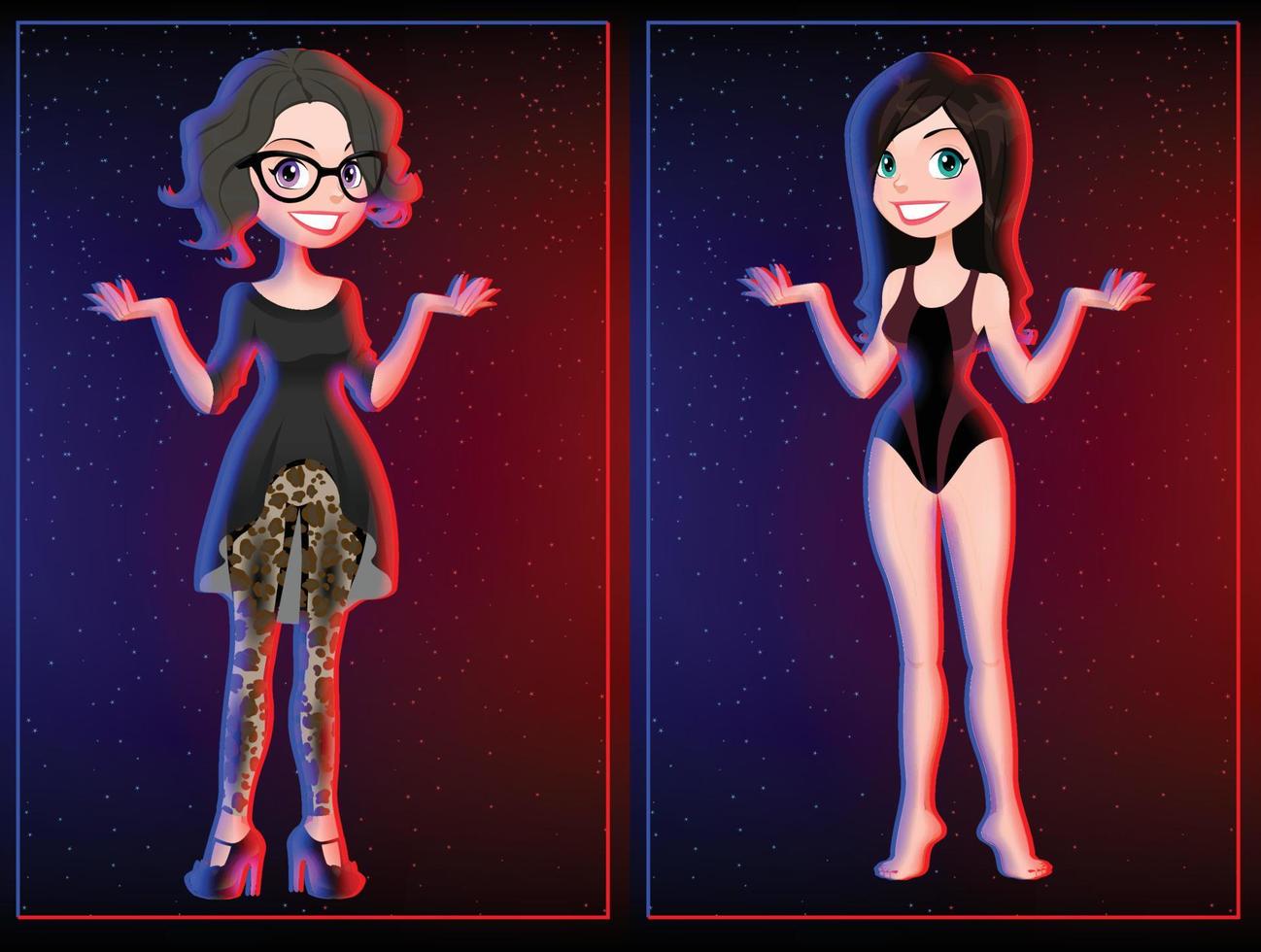 dois desenho animado meninas dentro Preto e vermelho vestir equipamento clube realçar noite dança vetor