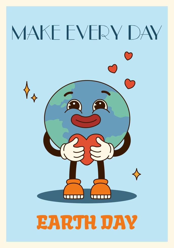 vertical poster ou cartão ilustração groovy planeta personagem segurando a coração dentro retro desenho animado estilo do anos 60 anos 70. citar faço cada dia terra dia vetor