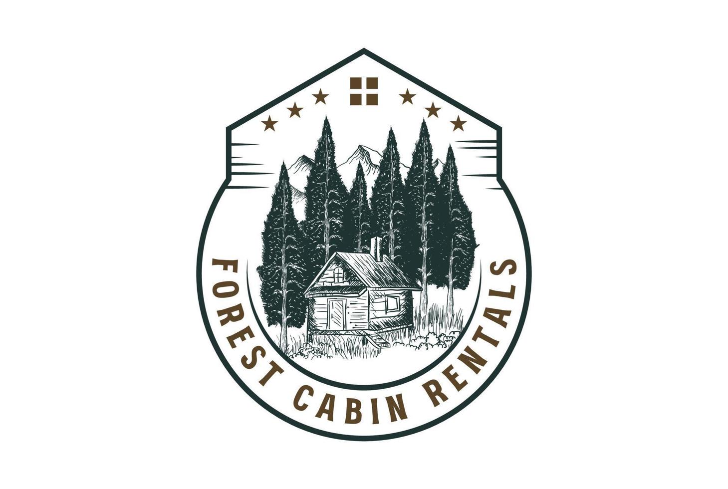 vintage retro de madeira cabine chalé apresentar com pinho sempre-verde abeto crachá emblema rótulo logotipo vetor