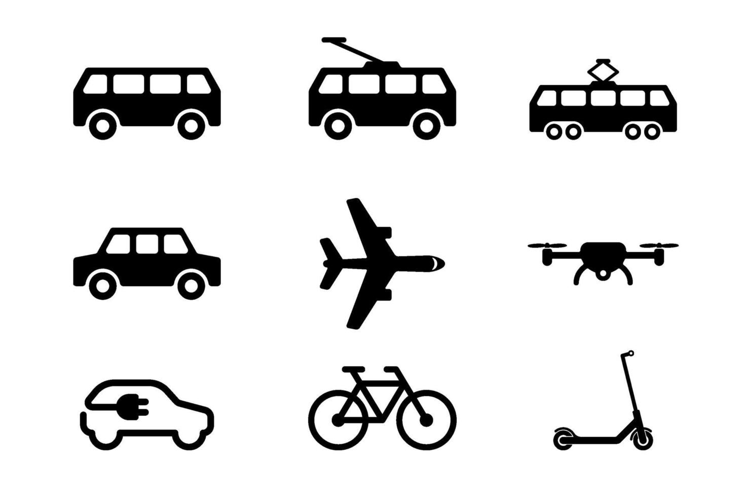 conjunto de ícones pretos de transporte público isolado no fundo branco vetor